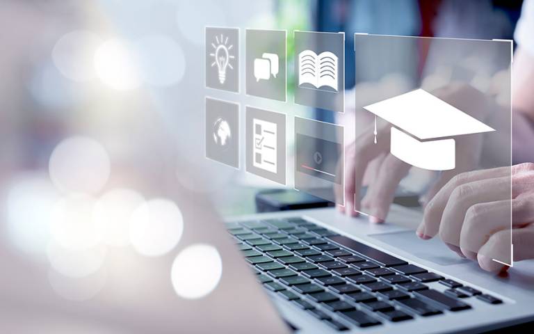 Concept of Online education. man use Online education training and e-learning webinar on internet for personal development and professional qualifications. Digital courses to develop new skills.