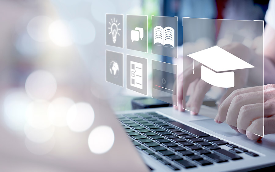 Concept of Online education. man use Online education training and e-learning webinar on internet for personal development and professional qualifications. Digital courses to develop new skills.