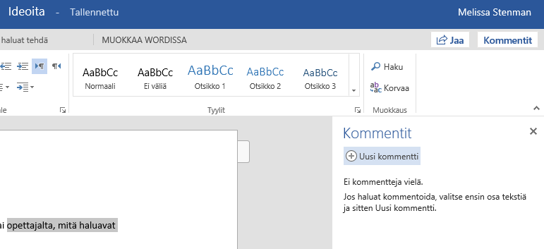 A picture of Word's comment section with Add new comment -tag