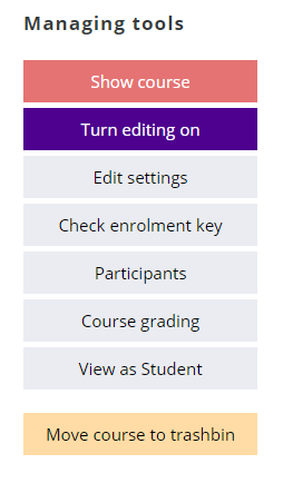A view of Moodle's Managing tools