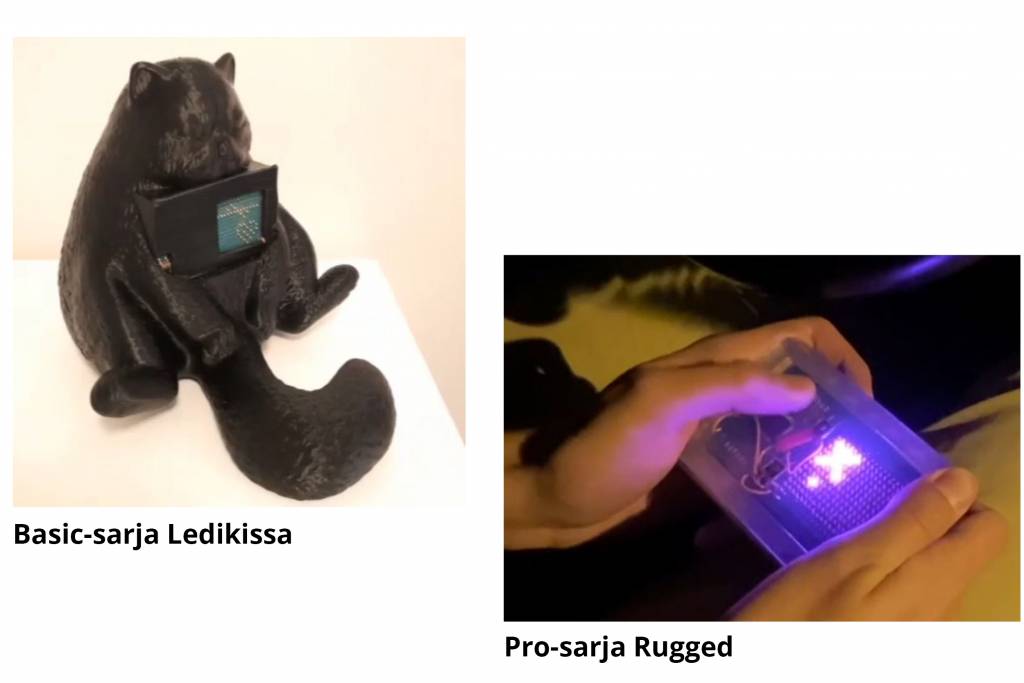 Valokuvagollaasi, vasemmalla 3d tulostettu kissa, oikealla 3d tulostettu pelikonsoli.