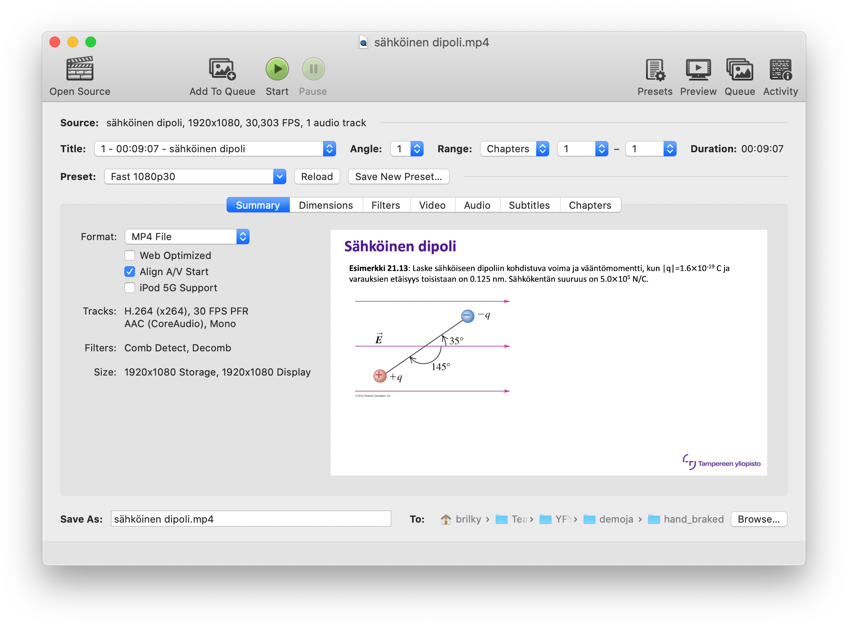Handbrake: kuva valitusta tiedostosta.