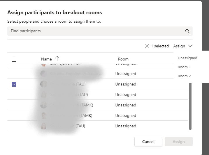 osallistujien jakaminen
