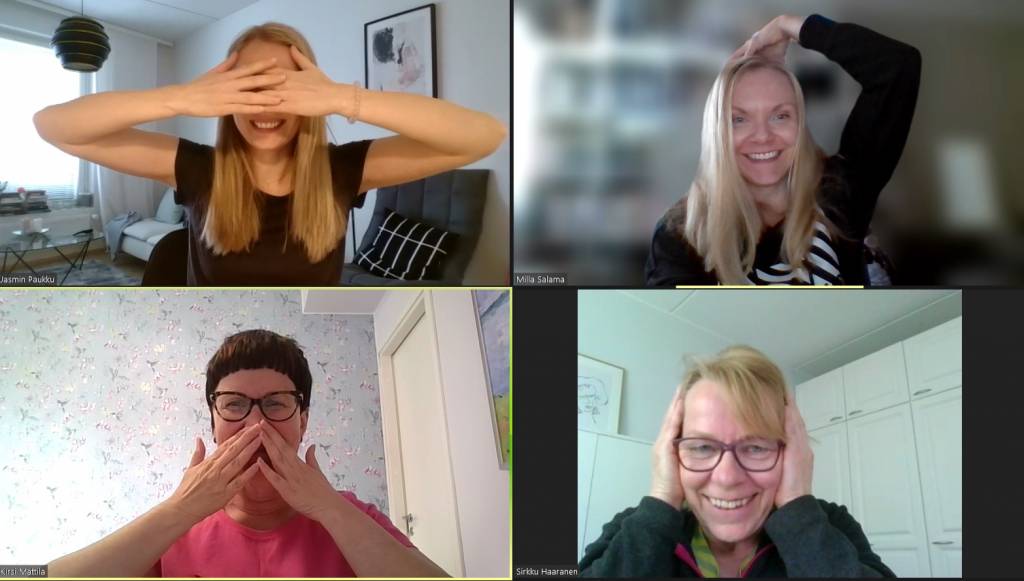 Valokuvakooste, jossa näkyy tiimiläisten hassuttelua epävirallisessa Teams-kokouksessa.