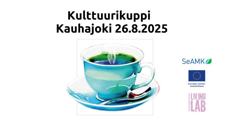Kulttuurikuppi Kauhajoki 26.8.2025. Kahvikupin kuva. SeAMK. Euroopan unionin osarahoittama, Tuottajakeskus Living Lab.