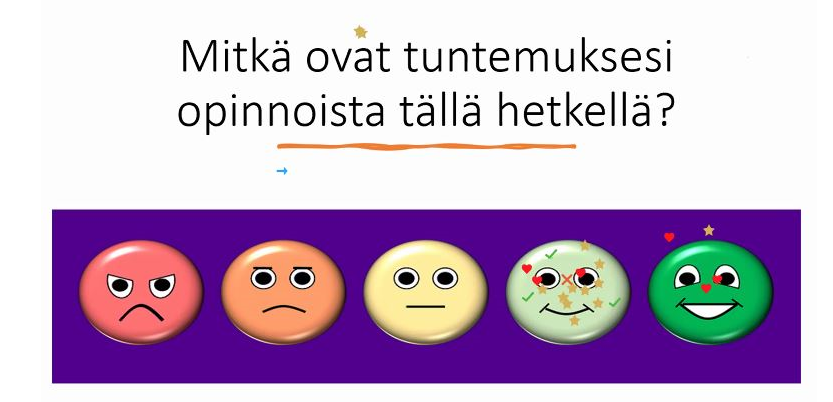 Teksti: Mitkä ovat tuntemuksesi opinnoista tällä hetkellä? Alla viisi hymynaamaa vihaisesta iloiseen ja opiskelijoiden Zoomissa laittamat merkinnät oman fiiliksen kohdalle. Eniten merkintöjä toiseksi iloisimman hymynaaman päällä ja neljä kaikkein iloisimmassa.