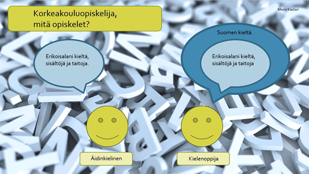 Kuvassa kysymys: Korkeakouluopiskelija, mitä opiskelet? Äidinkielinen vastaa: Erikoisalani kieltä, sisältöjä ja taitoja. Kielenoppija vastaa: Suomen kieltä. Erikoisalani kieltä, sisältöjä ja taitoja.