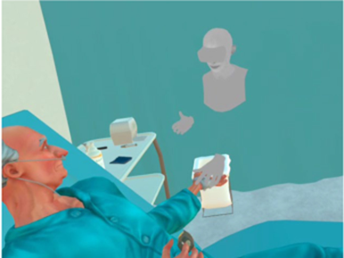 KUVA 1. Hoitotyön opiskelijan avatar tunnustelemassa virtuaalipotilaan rannepulssia.