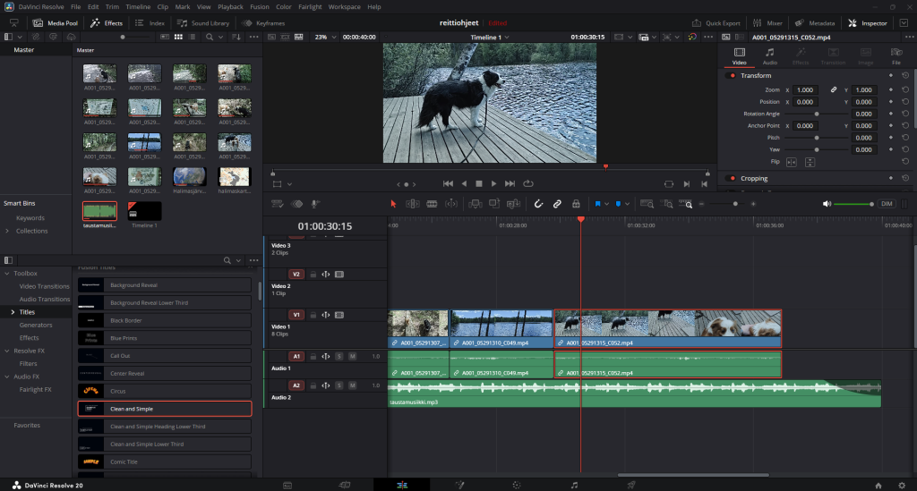 Vaikka DaVinci Resolve -editointiohjelmassa on paljon ominaisuuksia, kurssin ohjeiden avulla videon tekeminen onnistuu. Tässä on käynnissä videokartan editointi.