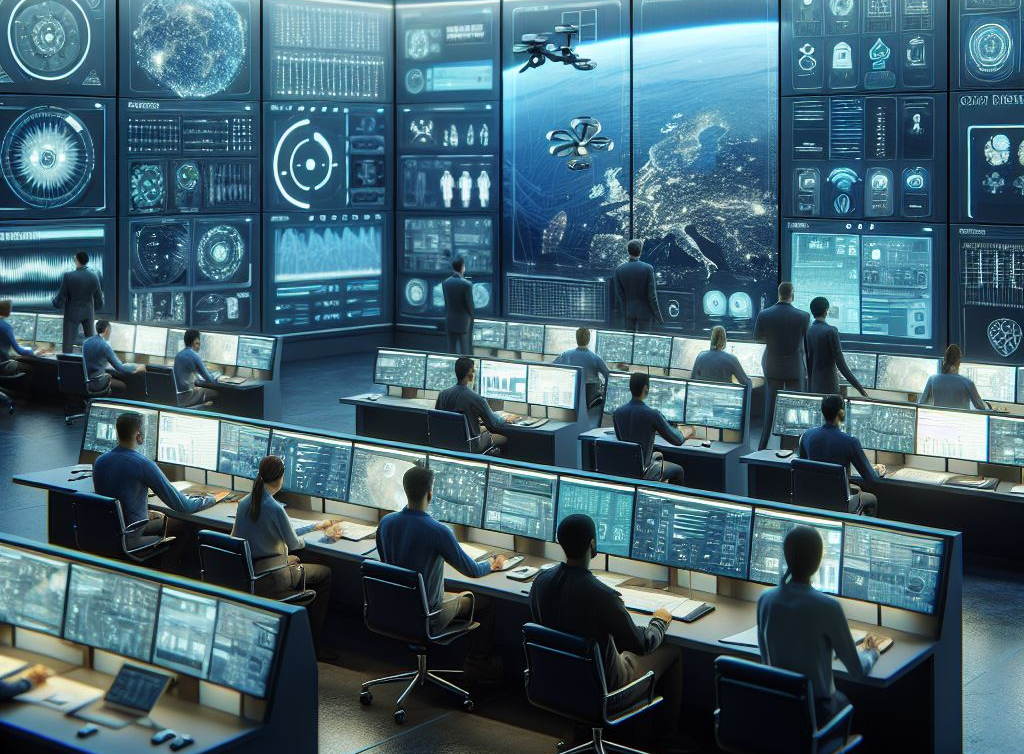 An AI-generated image of a security-themed command center with a drone, people, and computers.