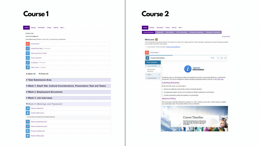 This image shows two course pages side to side. On the left is a screenshot of a course set in the "collapsed topics" format. On the right is a screenshot of a course in the "one topic" format containing an embedded H5P interactive book.
