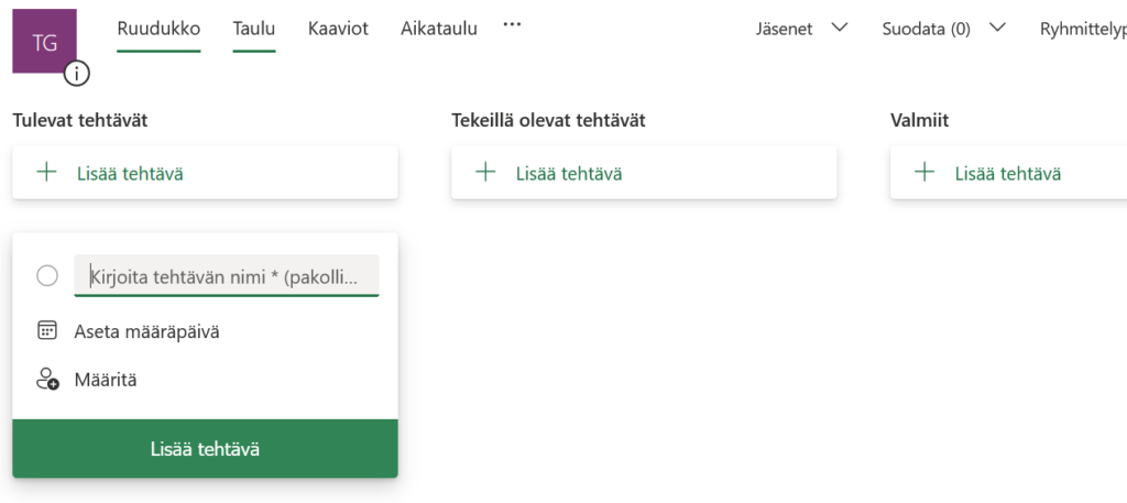 Määritä tehtävälle nimi ja muut tiedot