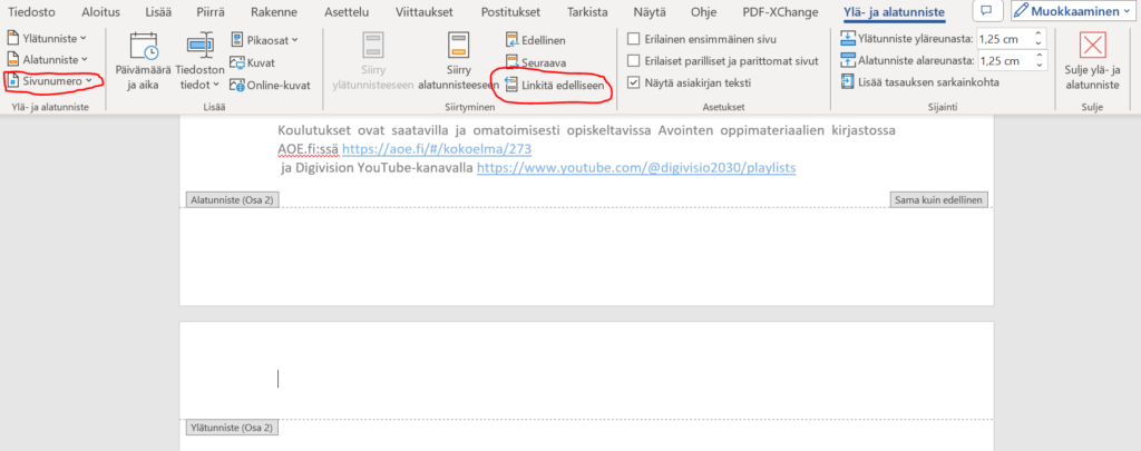 sivunumeroinnin asettaminen