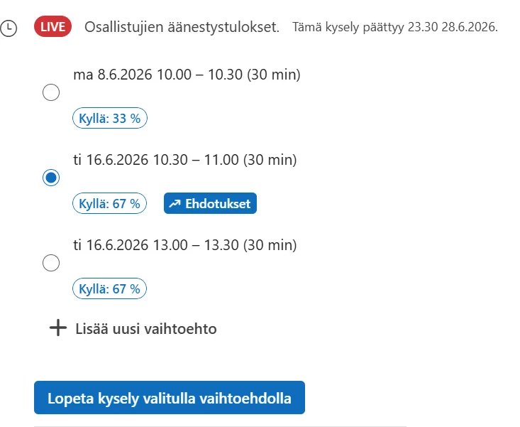 Valitse äänestyksen tuloksen perusteella haluamasi päivä