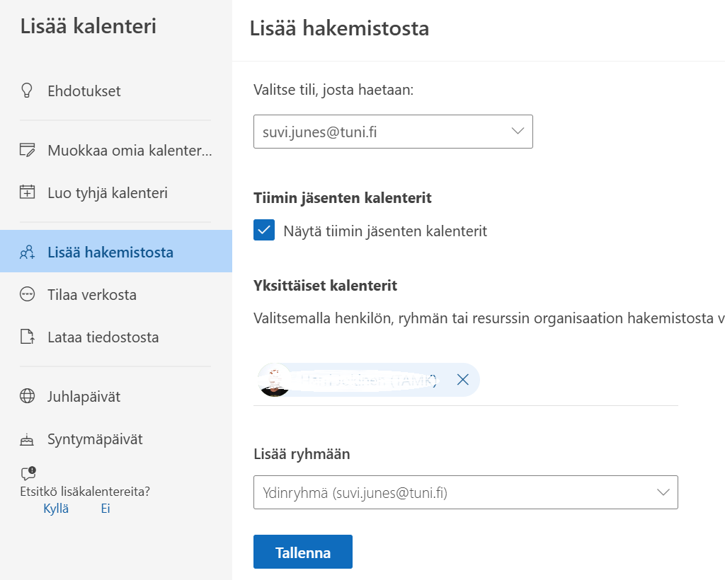 Etsi haluamasi henkilön kalenteri