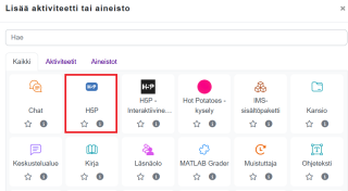Valitse H5P aktiviteetti- ja aineistolistauksesta.