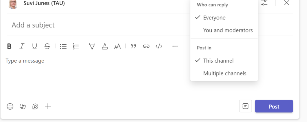 Kirjoita viesti ja muotoile sitä halutessasi