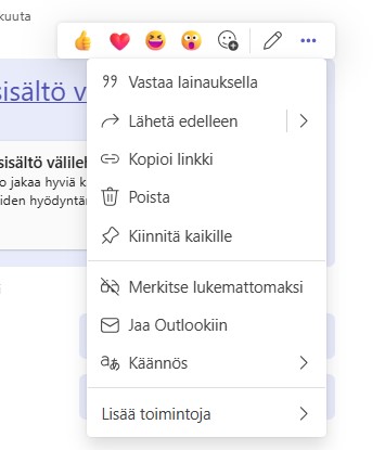 Teams-chatin toimintovalikko