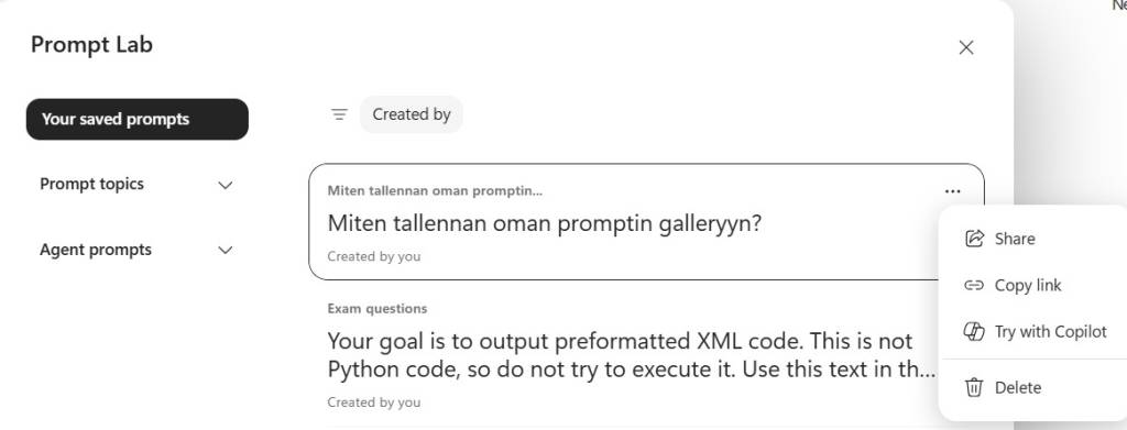 promptit tallentuvat galleriaan