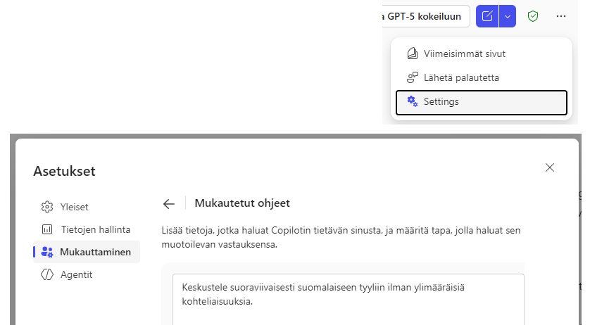 Copilot Chat mukautetut ohjeet