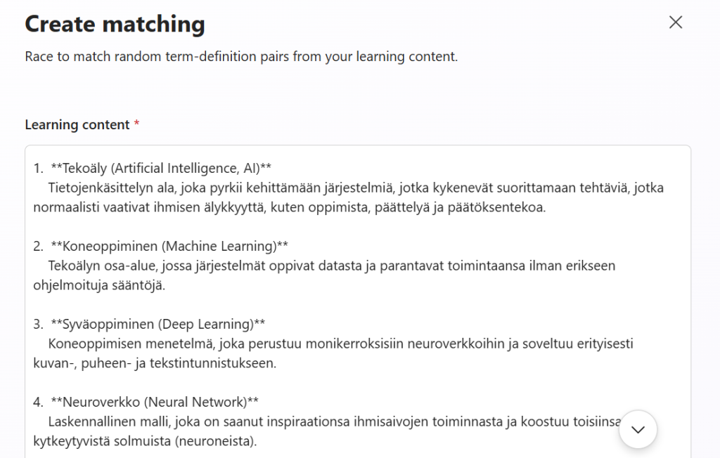 Kirjoita sanaparit tekstikenttään