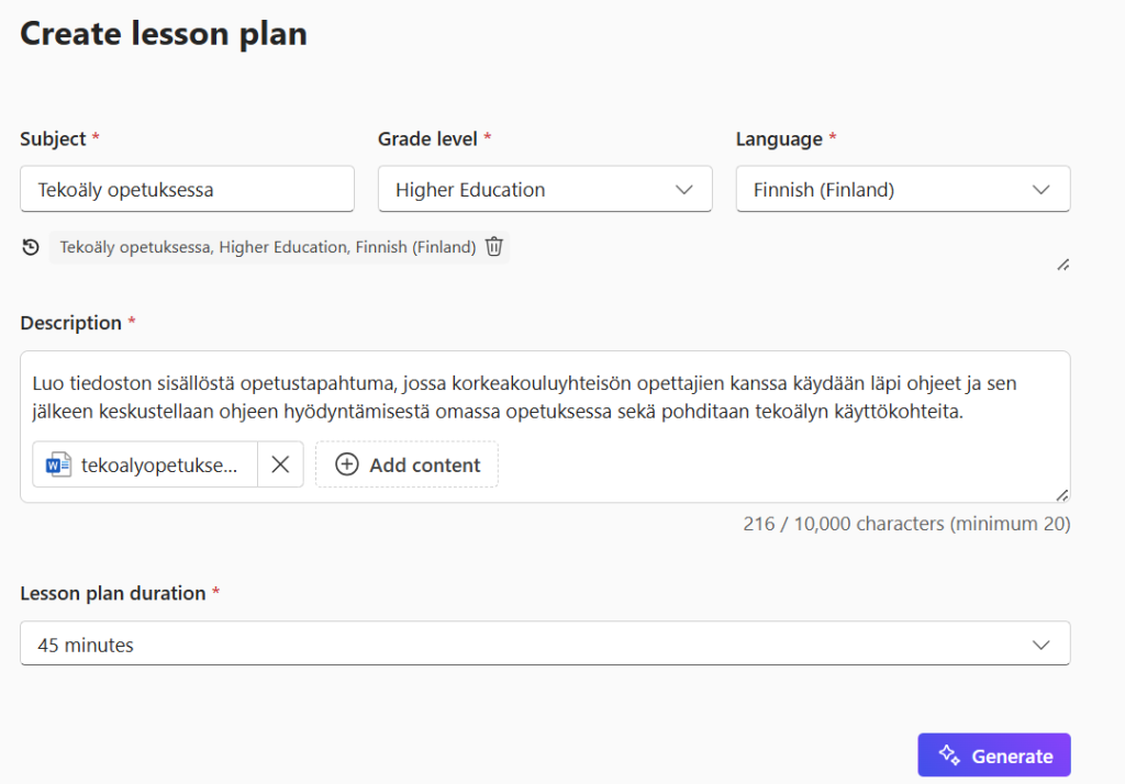 Tuntisuunnitelman luominen