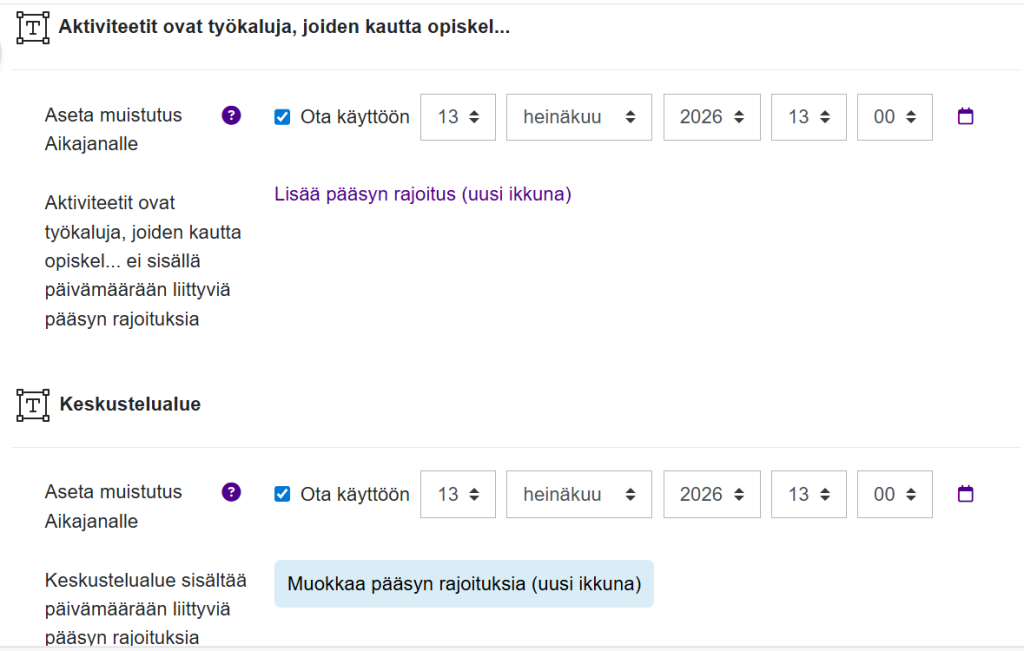 Muokkaa päivämääriä ja pääsyn rajoituksia