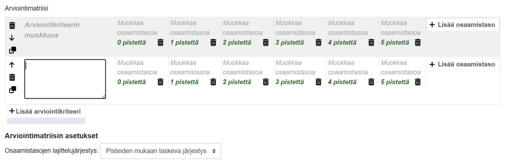 Määrittele arviointimatriisin osa-alueet