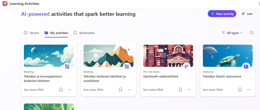 Front page of learning activities