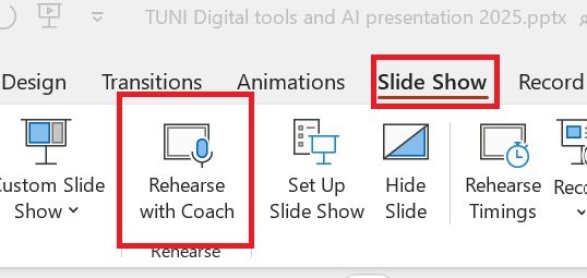 Rehearse with coach tab in PowerPoint