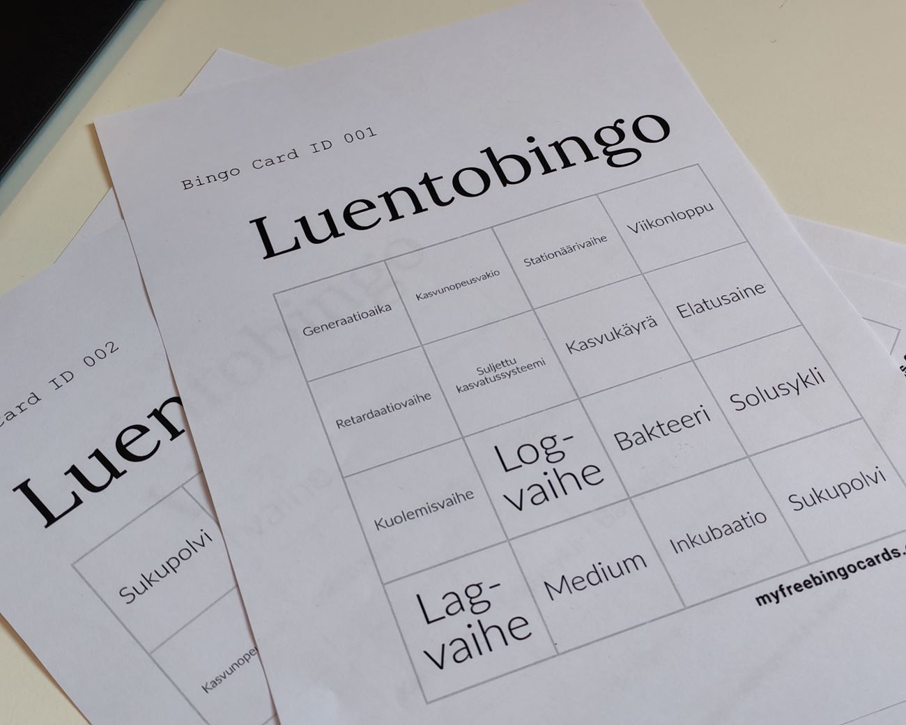 Esimerkki bingokortista, jossa näkyvät keskeisimmät bakteerien kasvuun liittyvät termit. 