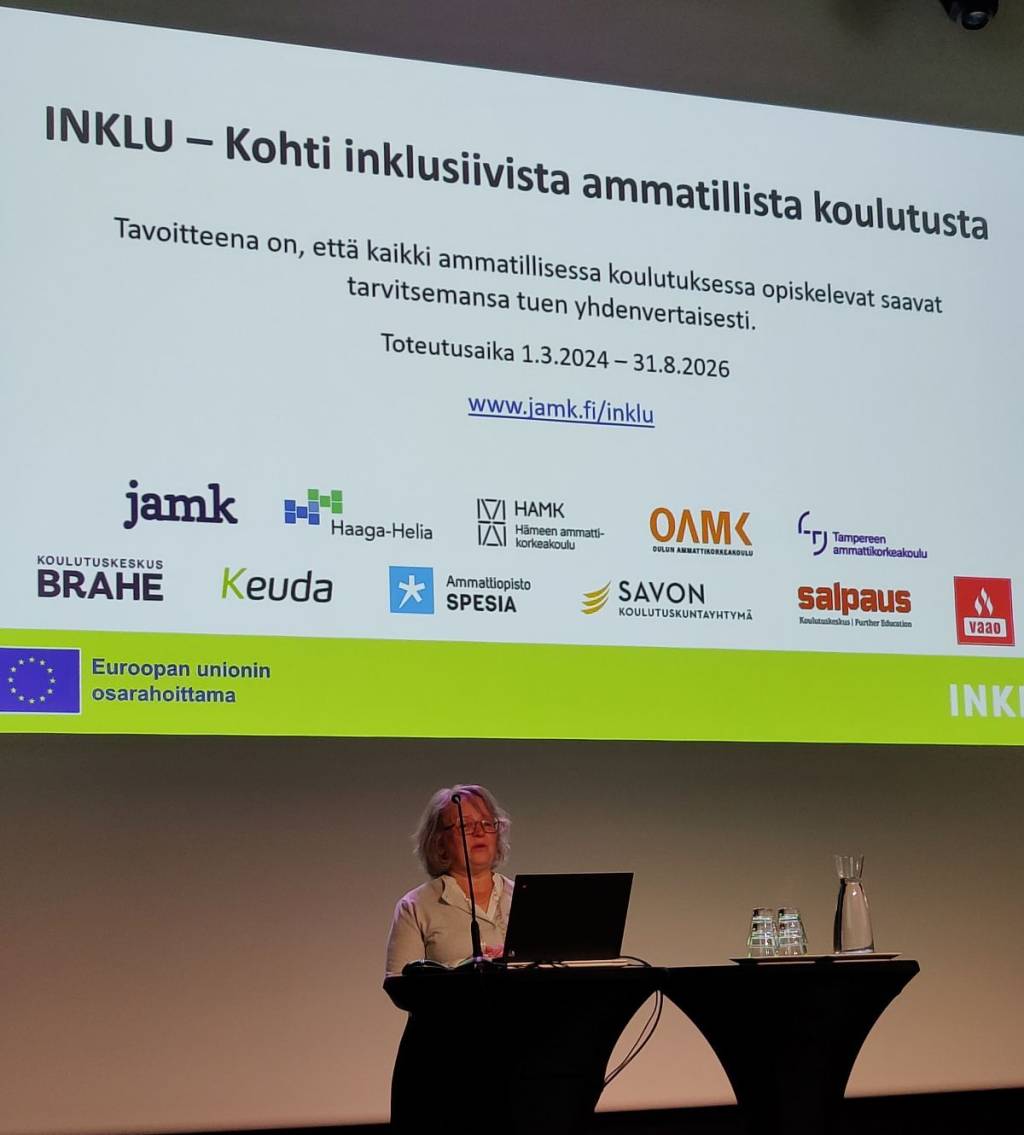 INKLU-hankkeen projektipäällikkö Seija Eskola Jyväskylän ammattikorkeakoulusta avasi seminaarin.