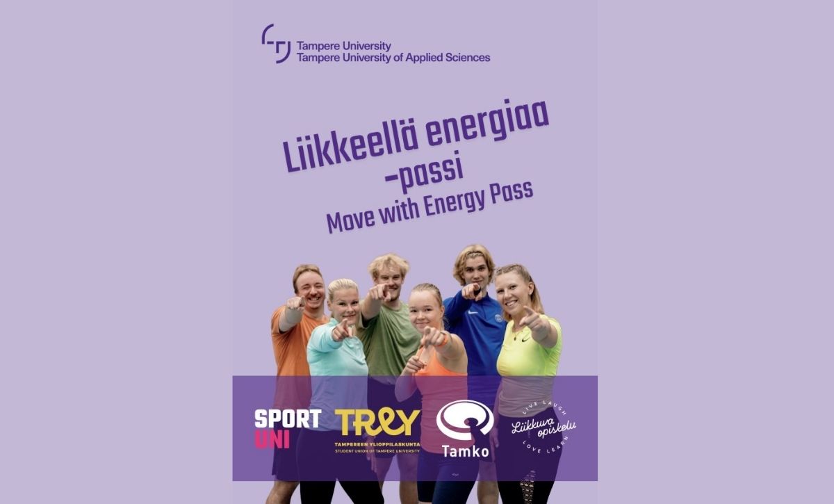 Kuusi ihmistä osoittaa katsojaan päin ja hymyilee.