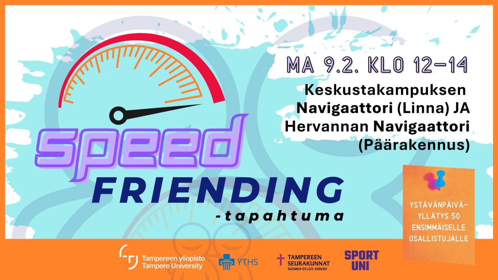 Kuva, jossa mainos speed friending tapahtumasta