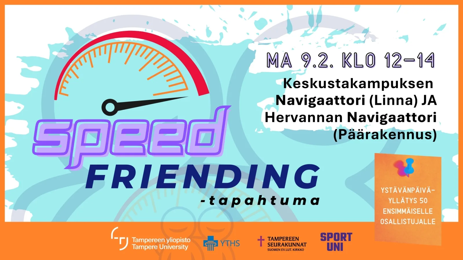 Kuva, jossa mainos speed friending tapahtumasta