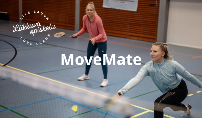 Kuvassa teksti MoveMate ja kuvassa kaksi ihmistä pelaamassa sulkapalloa