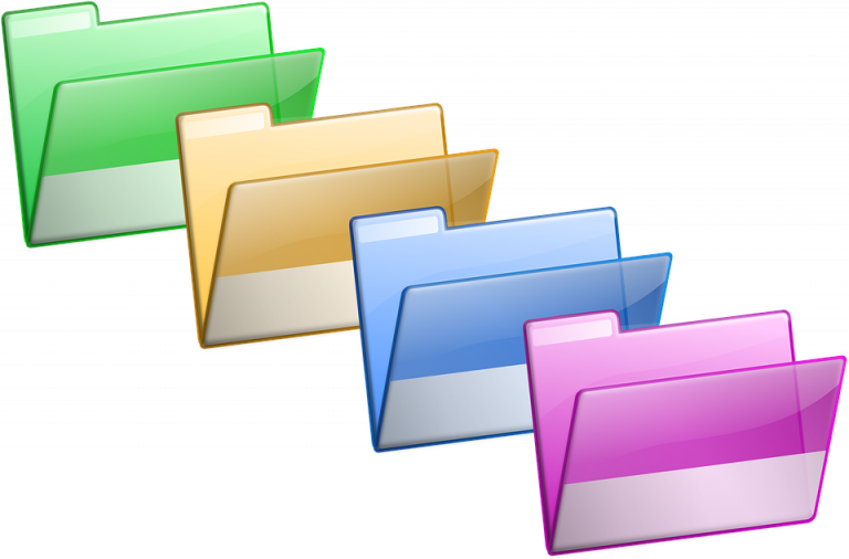 A green, a yellow, a blue and a purple folder