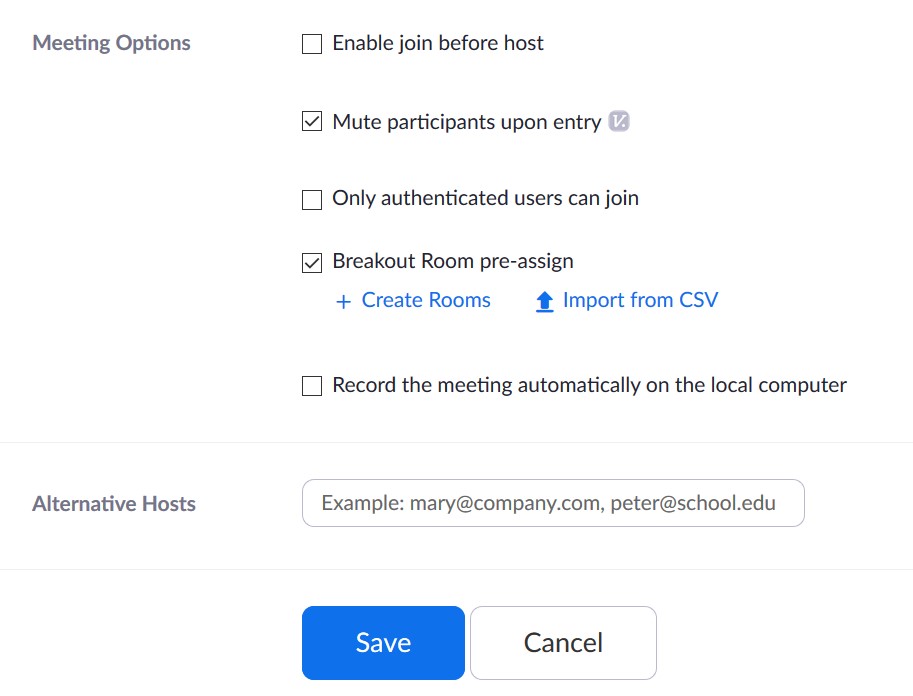 Zoom's Meeting options