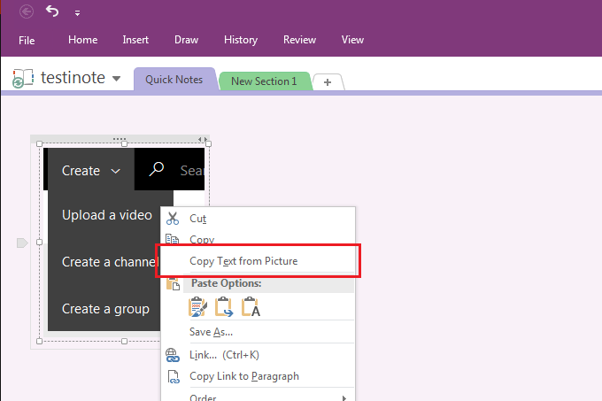 OneNote copy text from picture