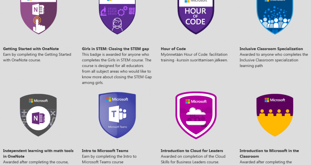 A view of different badges one can achieve via Microsoft Educator