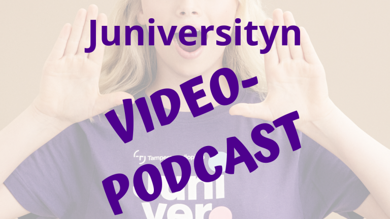 Banneri, jonka taustalla valokuva nuoresta huutamassa. Päällä violetilla teksti Juniversityn Videopodcast.