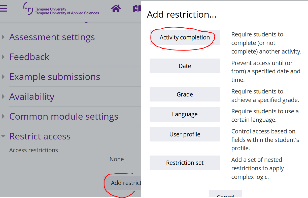 Create a learning path with the help of completion tracking in Moodle Digital toolkit