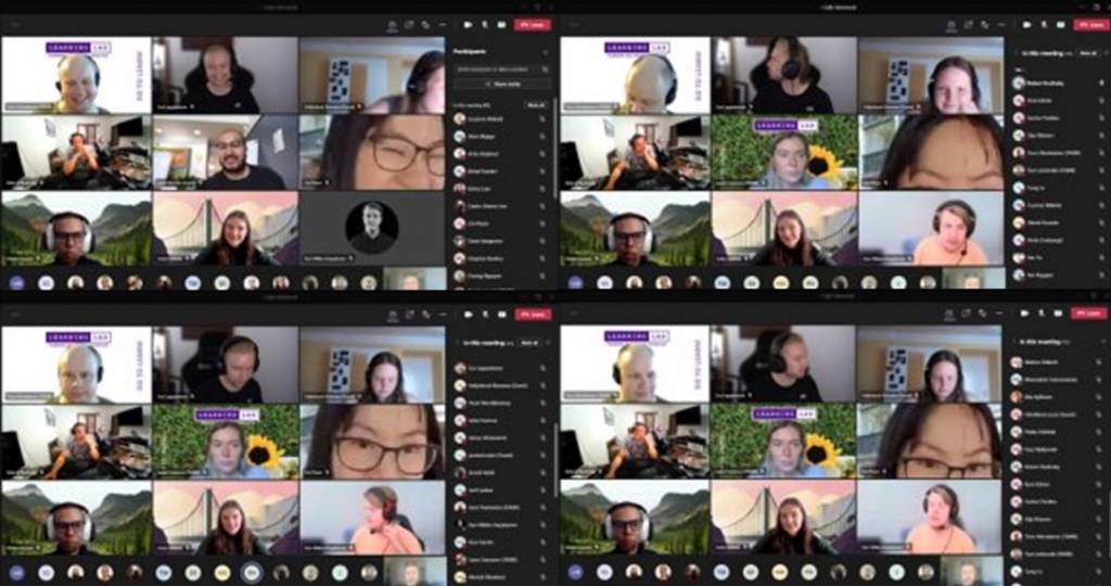 There are four different print screens of people in a Microsoft Teams meeting: Some people are smiling while they have their cameras on for other participants in the meeting to see their faces.