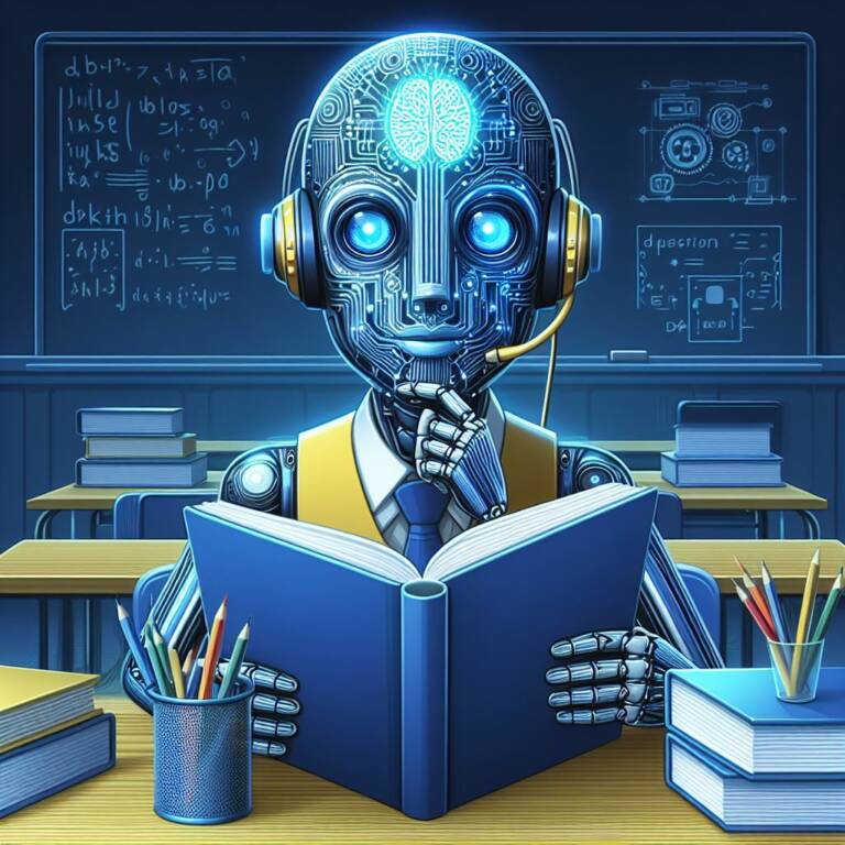 Robotti lukee kirjaa perinteisessä luokkahuoneessa.