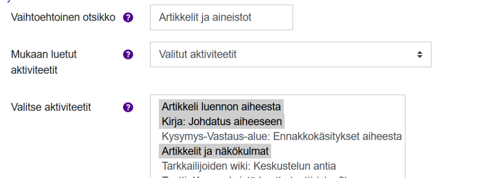 Valitut aktiviteetit