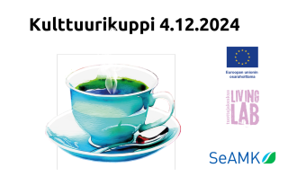 Kulttuurikuppi 4.12.2024. kahvikuppi, Euroopan unionin osarahoittama logo, Tuottajakeskus Living Lab logo, SeAMK logo 