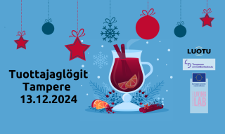 Tuottajaglögit, Tampere, 13.12.2024, joulukoristeita, sininen tausta, glögilasi, LuoTu logo, Tampereen ammattikorkeakoulu logo, Euroopan unionin osarahoittama logo, Tuottajakeskus Living Lab logo