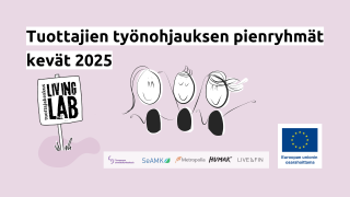 Tuottajien työnohjauksen pienryhmät kevät 2025, Tuottajakeskus Living Lab logo, Tampereen ammattikorkeakoulu logo, SeAMK logo, Metropolia logo, Humak logo, LiveFIN logo, Euroopan unionin osarahoittama logo