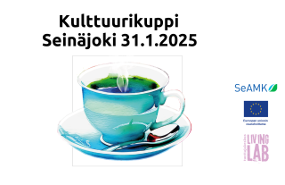 Kulttuurikuppi 31.1.2025, kahvikuppi, Euroopan unionin osarahoittama logo, Tuottajakeskus Living Lab logo, SeAMK logo