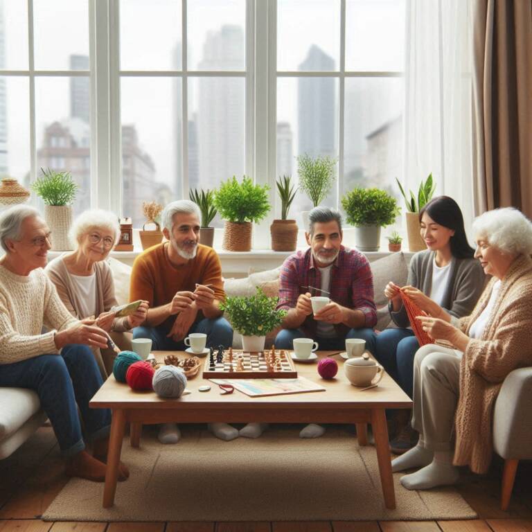 A group of seniors sitting on a sofa, drinking tea/coffee, playing chess and knitting. There is a cityscape pictured behind them and many green plants.